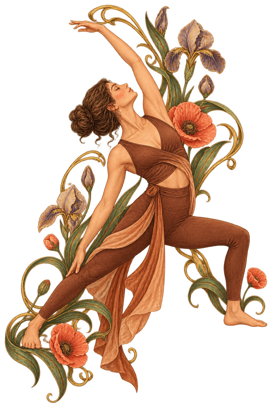 Illustratie van een vrouw in de reverse warrior yogahouding, omringd door irissen en klaprozen.